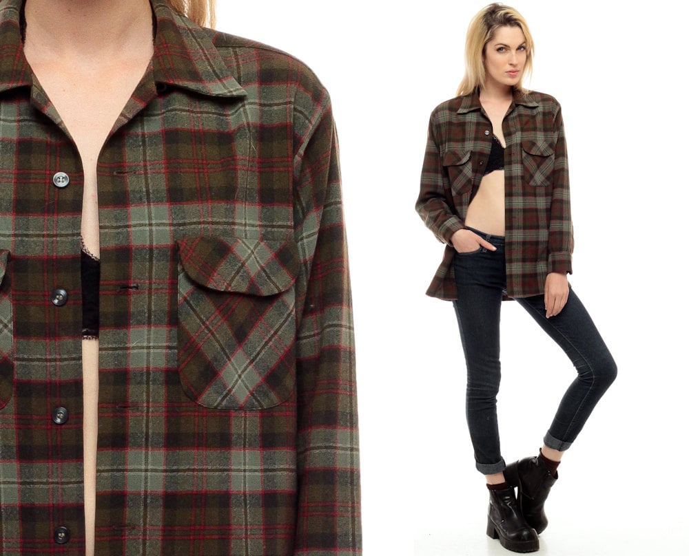 Wool Plaid Shirt 80s Grunge FLANNEL Olive Brown Long Sleeve
