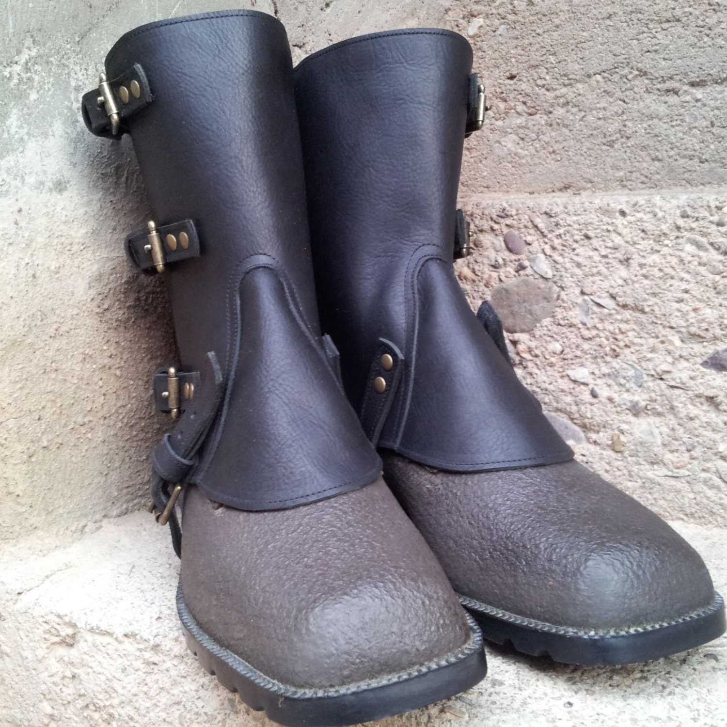 Swiss Military Style Gaiters or Spats in Oiled Black Leather w