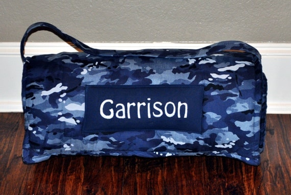 Nap Mat - Monogrammed Navy Blue Camouflage Nap Mat with Navy Minky Dot Blanket