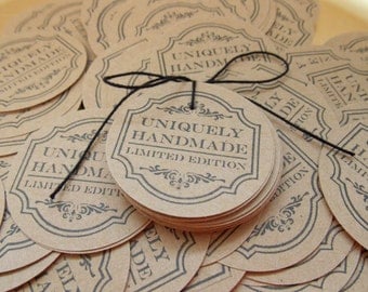 Circle Tags.. "Uniquely Handmade Limited Edition" ... Merchandise Tag...Hang Tag ... Set of 25.. Mini Insert or Thank You Tag ...