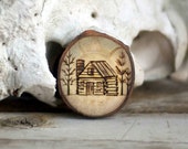 Log Cabin Christmas Ornament - Tree Branch Orament - Our First Home - Primitive Ornament - Wood Burned