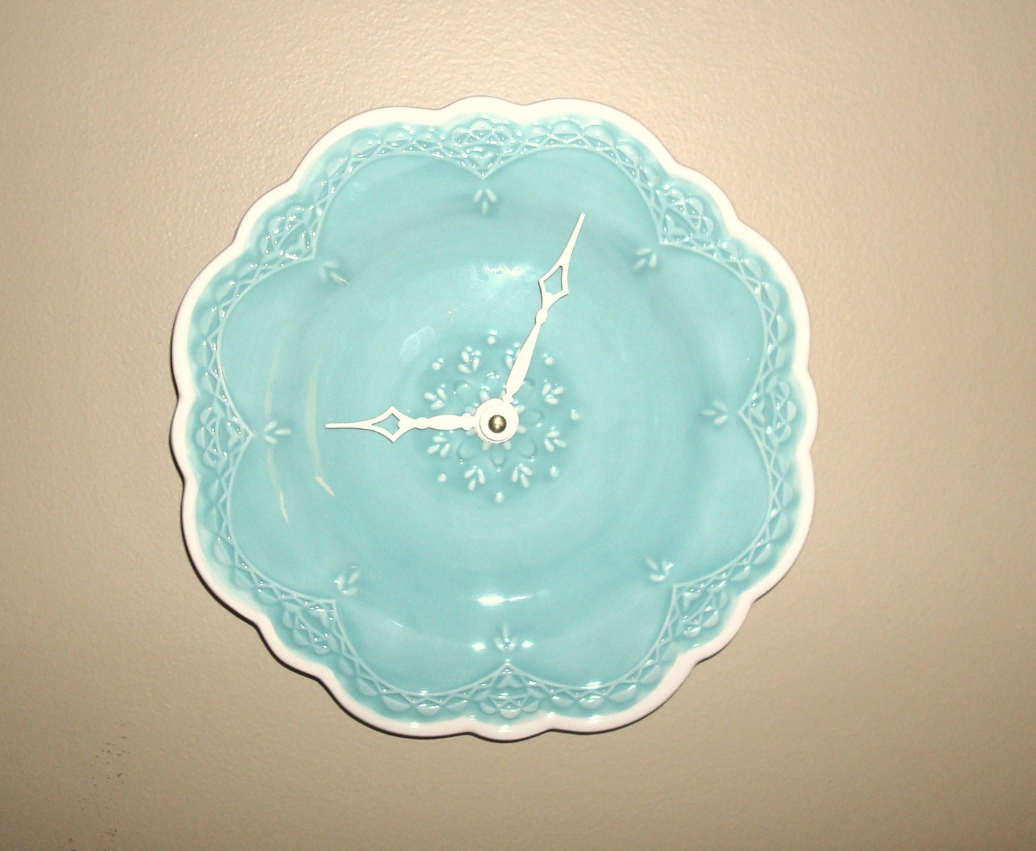 Aqua Wall Clock with Raised Floral Pattern and by makingtimetc