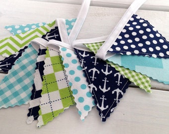 Bunting Banner Mini, Fabric Banner, Fabric Flags, Nautical Baby Nursery Decor - Anchors, Aqua Blue, Navy Blue, Lime Green, Chevron, Dots