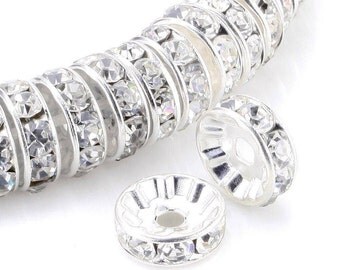 U Pick 100pcs x Top Quality Rondelle Spacer beads W/Crystal Rhinestone Silver Plated Copper beads 4mm 5mm 6mm 8mm 10mm 12mm CF1