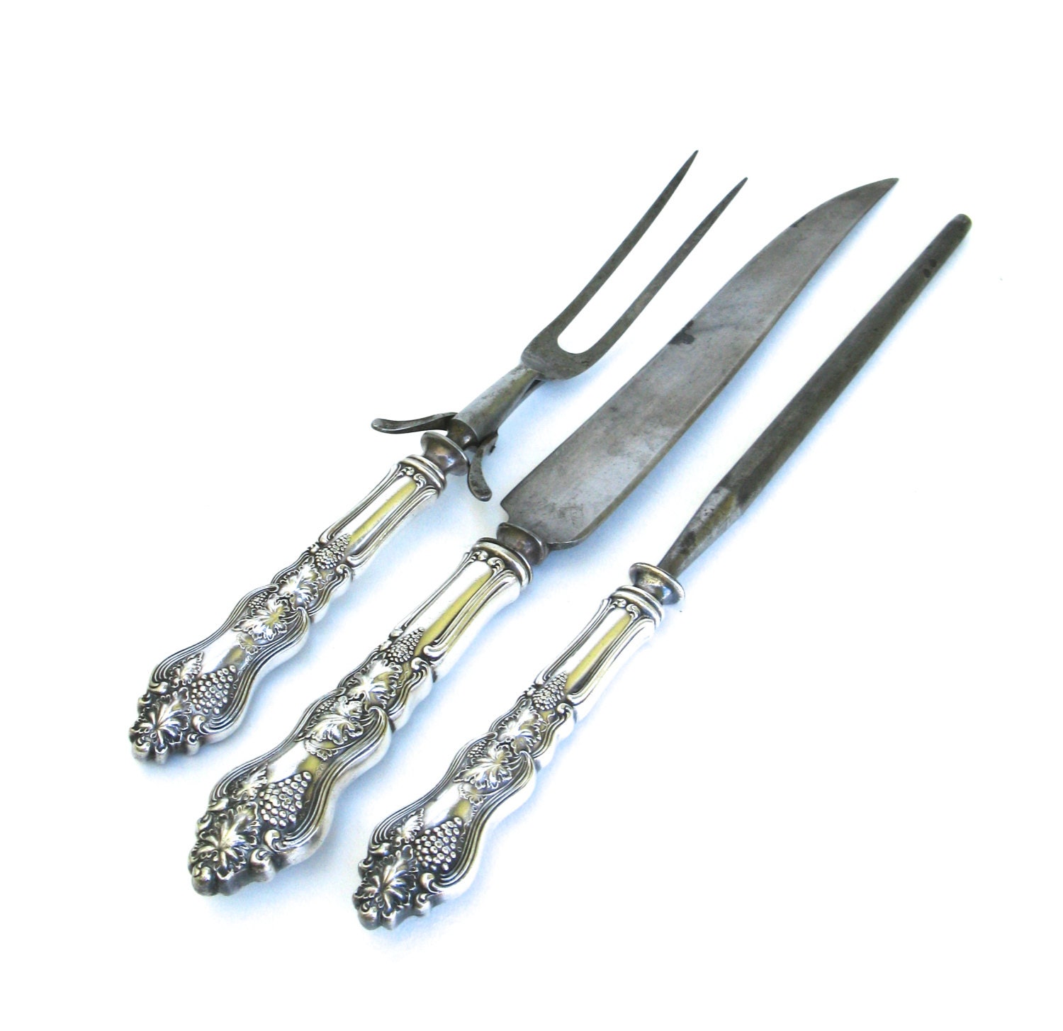 victorian era antique silver carving set grape motif