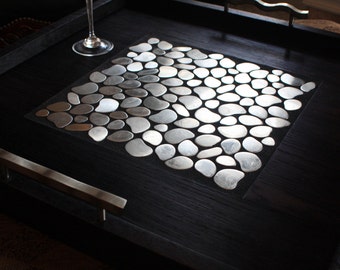 Large Modern Ottoman Tray. Large Serving Tray. Stainless Ottoman Tray. Modern Tray. "Stainless Pebbles" Mosaic. 24 x 24. Ebony Finish.