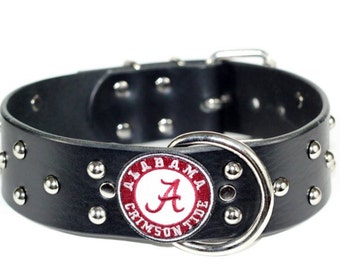 2" Black Leather Crimson Tide Dog Collar - Studded Roll Tide Dog Collar - Crimson Tide