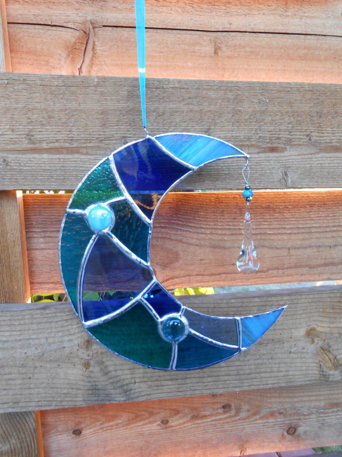 Stained Glass Moon Handmade Blue Glass Celestial