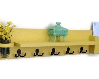 Coat Rack Shelf with Mail Holder - Coat Hooks - Jar Vase - Painted Wood Shelf - Wild Wheat