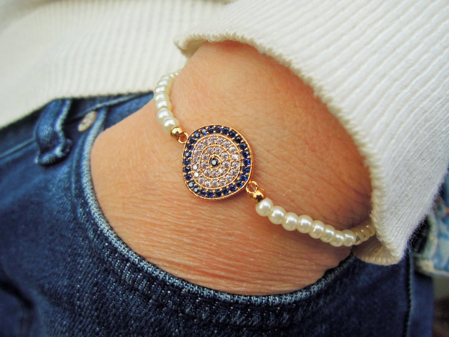 Turkish evil eye bracelet Tennis Bracelet Fresh Water Pearl