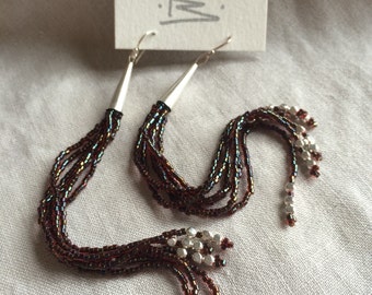 Deep red seed bead fringe earrings