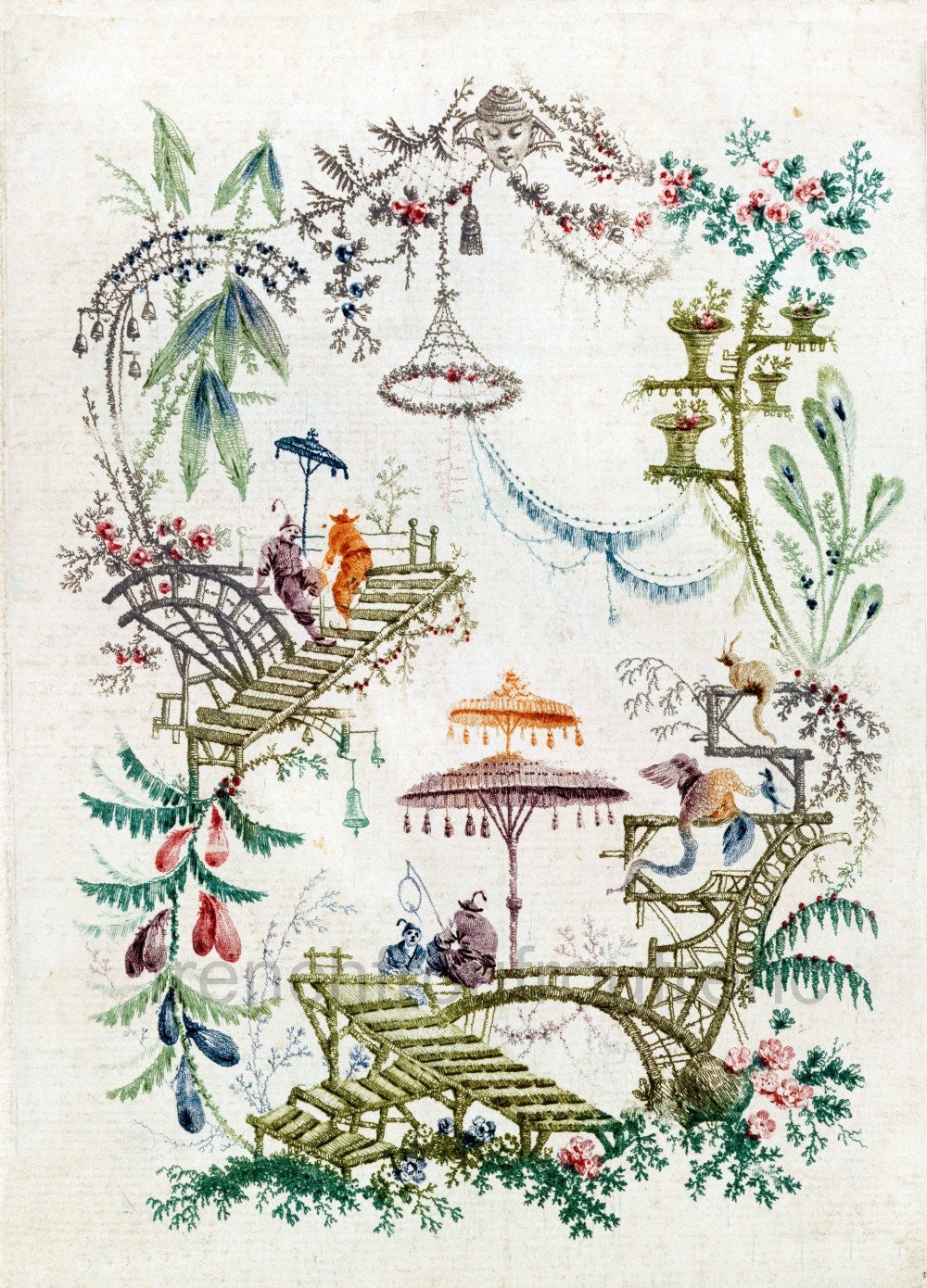 antique chinoiserie wallpaper illustration digital download