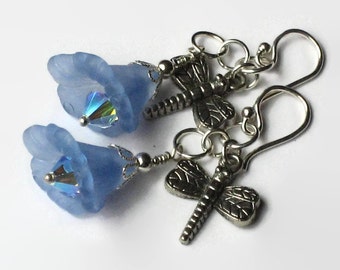 Blue Flower Dragonfly Earrings, One of a Kind, Gifts for Women Mom Wife Sister Daughter Grandma Under 20, Stocking Stuffers