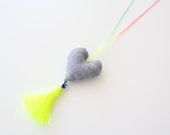 Sweet Heart Chambray Necklace - Cotton Heart Necklace with Neon Tassel - Neon Yellow With Evil Eye bead- Fun Summer Fashion Girls