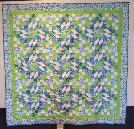 Blue and green scrappy quilt boy bed quilt
