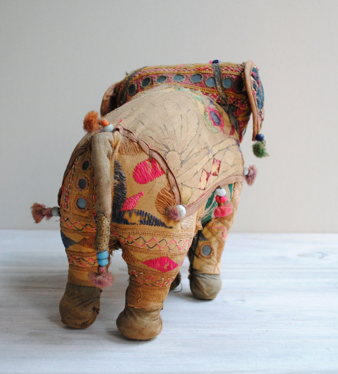 Vintage Embroidered Stuffed Elephant Indian Folk Art Toy OOAK