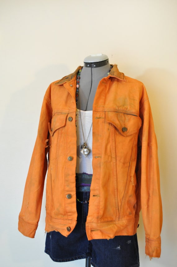 Orange Mens Medium Denim JACKET Orange Hand Dyed Upcycled