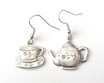 Teacup Earrings, Teapot Earrings, Mismatched Earrings, Time for Tea Earrings, Alice in Wonderland, Steel, Plated or Sterling Silver Wires