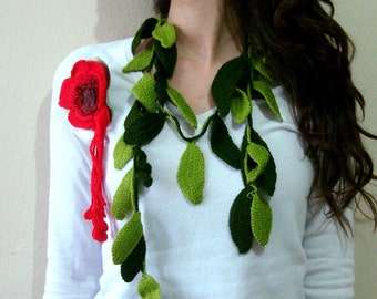 Crochet leaf scarf with red flower brooch, skiny scarf necklace