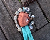 Ocean Spirit Necklace Pottery Shard Face on Rustic Hand Forged Copper Chain with Black Mother of Pearl Aged Aqua Glass Ocean Jewelry