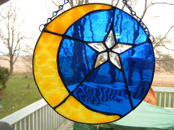 Stained Glass Moon And Bevel Star Sun Catcher Panel
