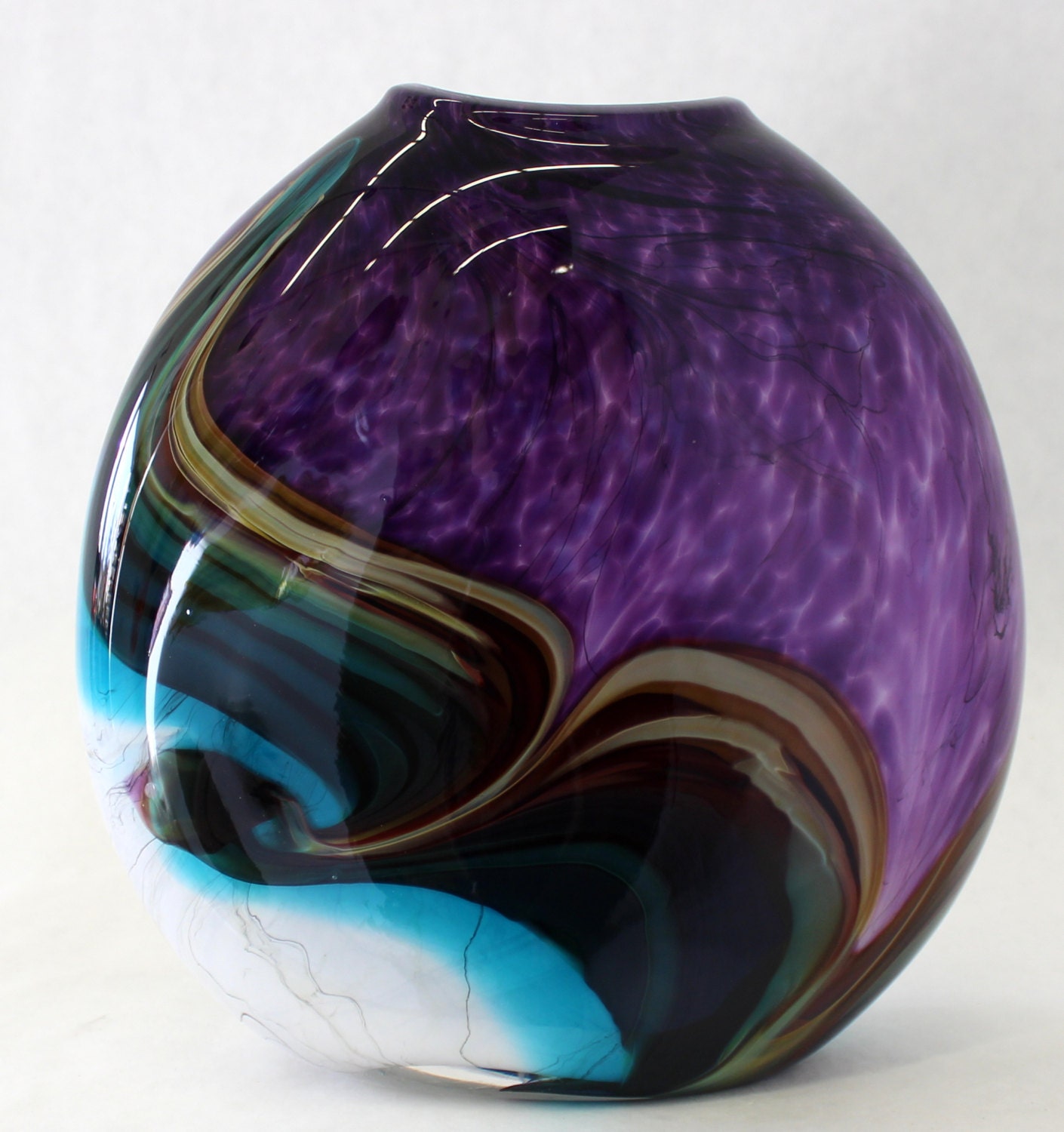 Hand Blown Glass Art Vase Bowl Turquoise Purple Swirl Oneil