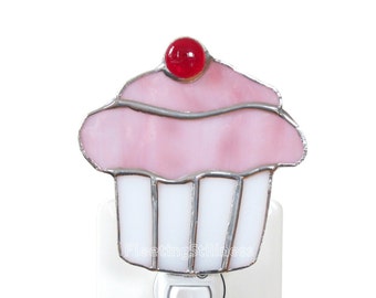 Cupcake Stained Glass Night Light Nightlight Pink White Yellow Handmade OOAK