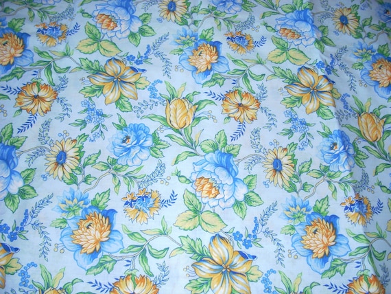 Flowered cotton Fabric Yellow and blue flowers with light