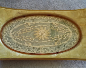 Vintage Celluloid Vanity / Dresser Tray with Lace Under "Glass"