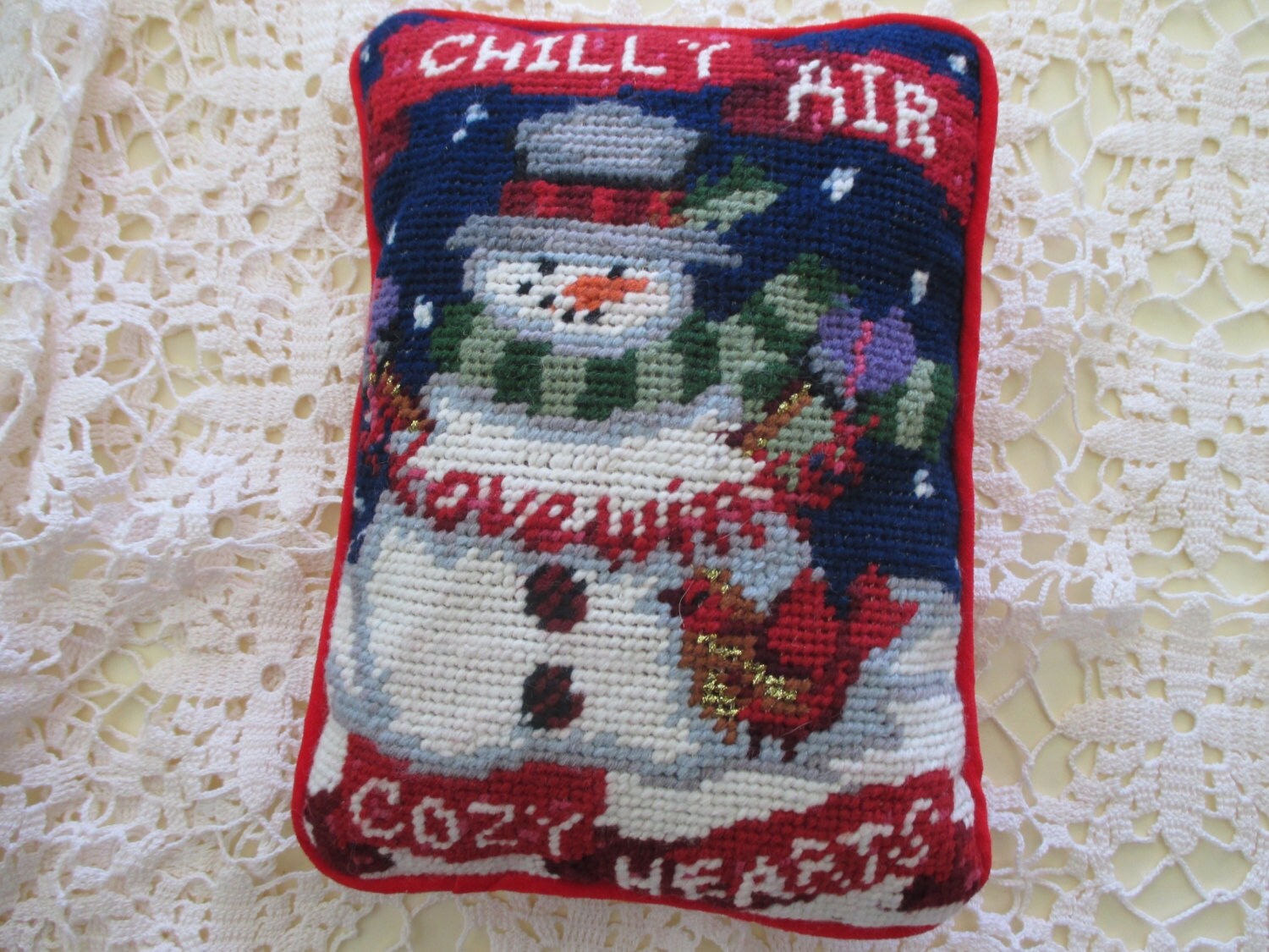 Vintage Needlepoint CHRISTMAS pillow with Snowman red