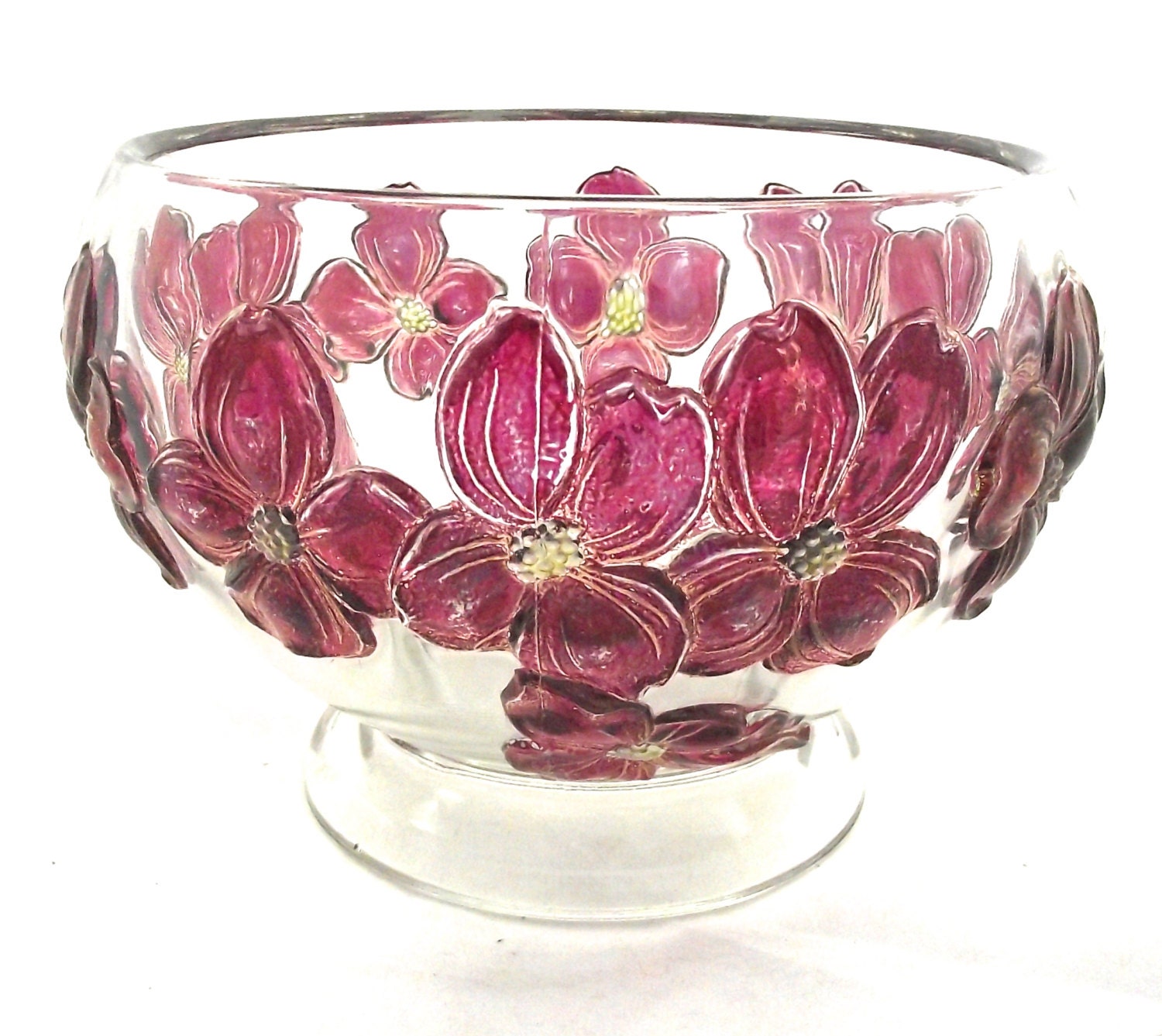 Glass Fruit Bowl Vintage Bowl with Magenta Flowers by