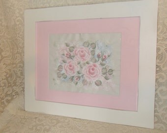 Shabby Cottage Chic Hand Painted Pale Pink Victorian Rose With Blue Floral Wooden Distressed Framed Art New