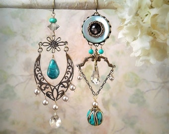Petrichor Asymmetric Earrings Bronze and Turquoise Gemstone Earrings Aqua Blue Chandelier Dangle Earrings December Birthstone Beach Wedding