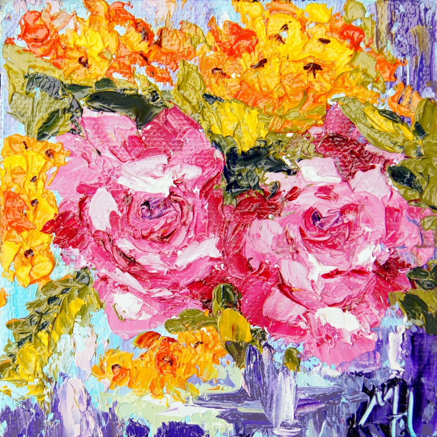 Impressionist floral still life with pink roses No. 3 Mini