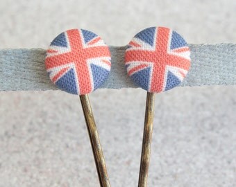 Union Jack- Fabric Covered Button Bobby Pin Pair