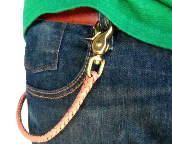 Leather Braided Wallet Chain with Brass Hardware Mens Wallet