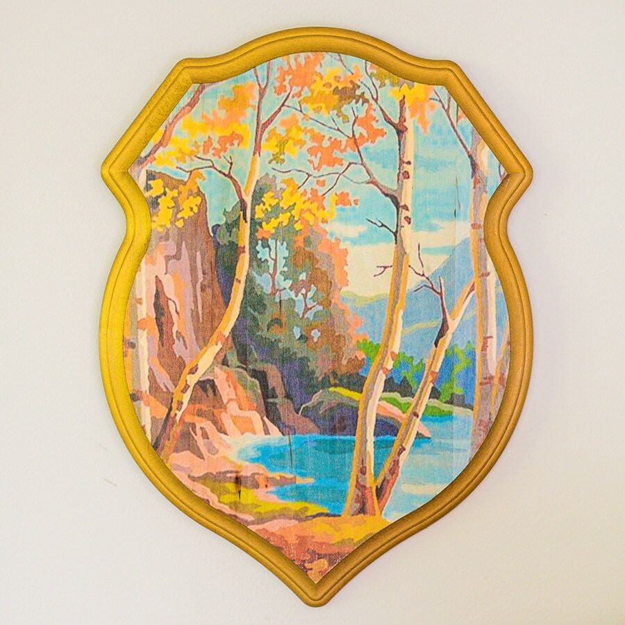 Vintage PaintbyNumber Floral Plaque Shield Wall Art