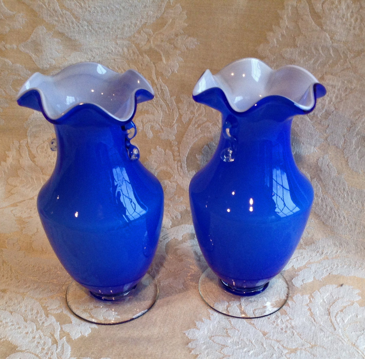 Cased HandBlown Vases Pair French Blue Vases Hand blown