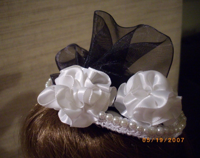 victorian day set in black and white, skirt blouse and hat, satin set, pearl trim, tear dop style hat