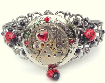 Steampunk Locket Cuff, Ladyug Bracelet, Red & Black Swarovski Crystals,Cosplay Cuff,Dark Metal Noir, Neo Victorian Cuff