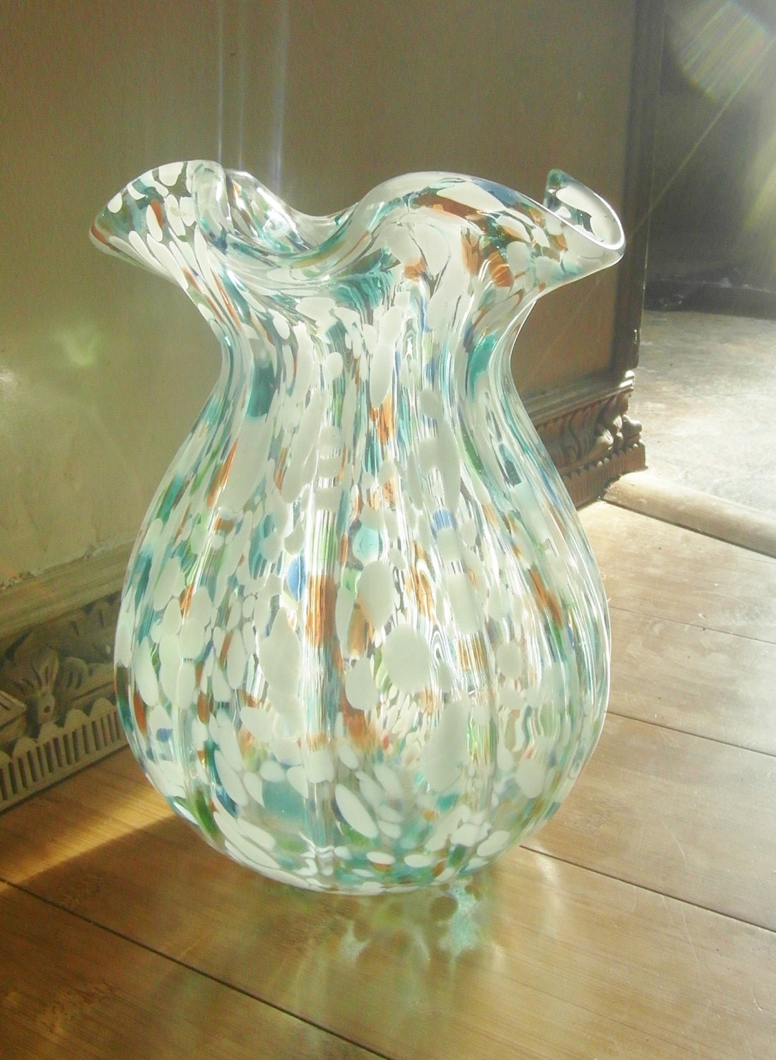 Vintage Murano glass vase speckled hand blown glass clear