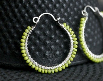 Lime green beaded hoops, sterling silver, earrings, Czech glass seed bead, chartreuse, wire wrapped, green hoops, Mimi Michele Jewelry