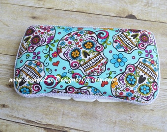 Sugar Skulls on Aqua Travel Baby Wipe Case, Personalized Case, Wet Wipe Case, Nappy Wipe Case, Diaper Wipes Case, Wipe Holder, Wipe Clutch