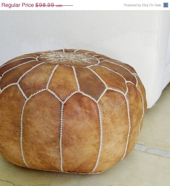 Spring 10 ON SALE Tan Moroccan Leather Pouffe by MaisonMarrakech