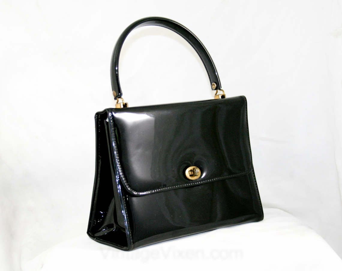 1950s Black Faux Patent Leather Purse Handbag Accessory