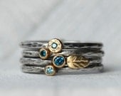 Blue Diamond Leaf Ring Set - 18k Gold and Silver Stack Rings - Set of 4 Diamond Stack Rings - Eco-Friendly Recycled