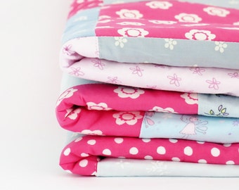 Handmade quilt , personalized quilt blanket , blue and pink baby girl quilt blanket , personalized baby blankets . quilt for sale