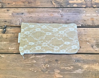 Pencil Case/Cosmetic Bag/ Gadget Case - Burlap and Lace