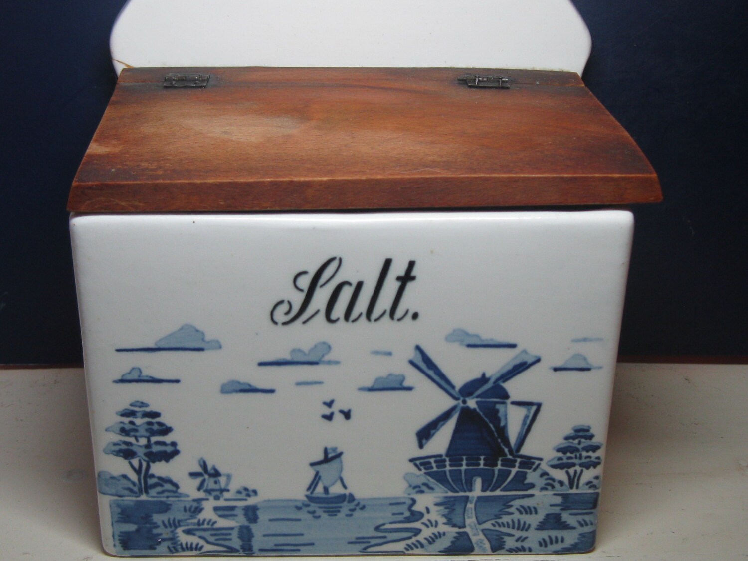 Antique Ceramic Blue and White Salt Box with by FourthWishVintage
