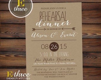 Rehearsal Dinner Invitation - Rustic Wedding Rehearsal Invitations - Arrows, Brown & White Neutral Kraft Paper Invite #1045